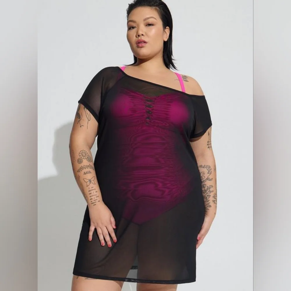 Torrid Black Mesh Swim Off Shoulder Cover Up Dress 2X NWT